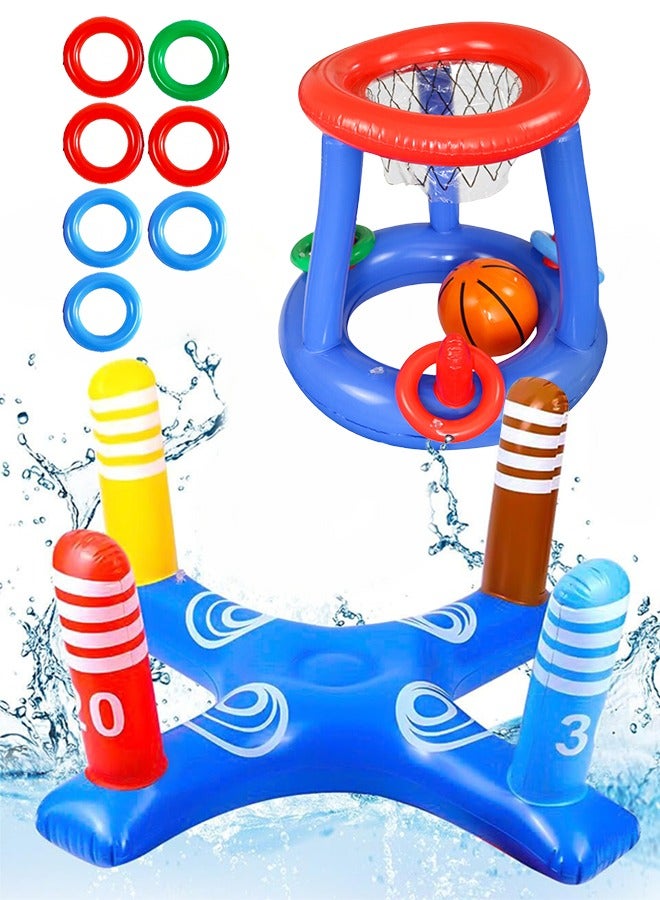 UETEEY Pool Toys Games Set, Floating Basketball Hoop&Inflatable Pool Ring Toss for Kids Adults Family Swimming Water Sport Fun Floats Accessories - Image 1