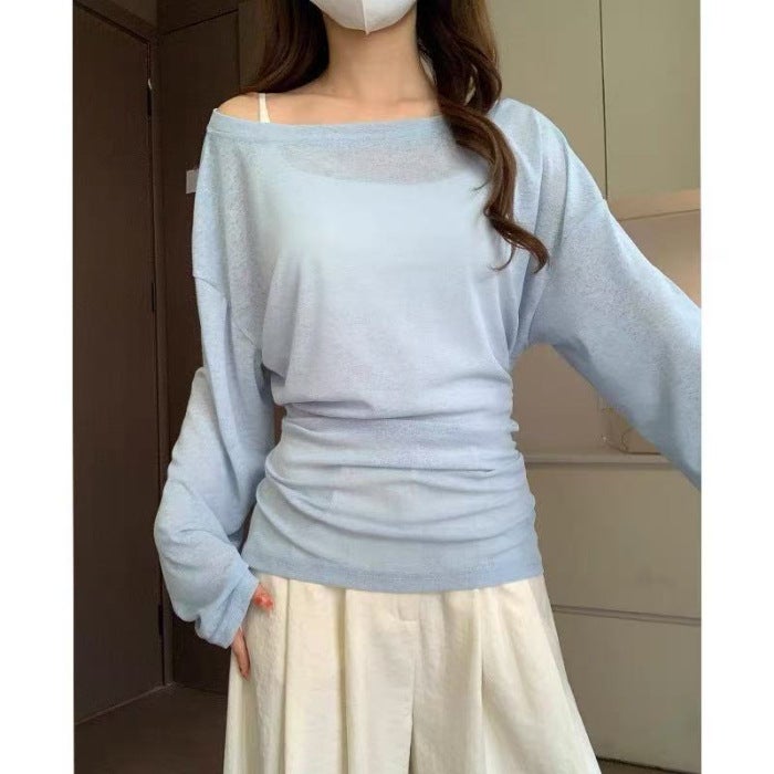 2025 Spring And Style Lazy Loose Slimming Versatile Strappy Round Neck Slightly See-Through Thin Sun Protection Blouse Top - Image 1