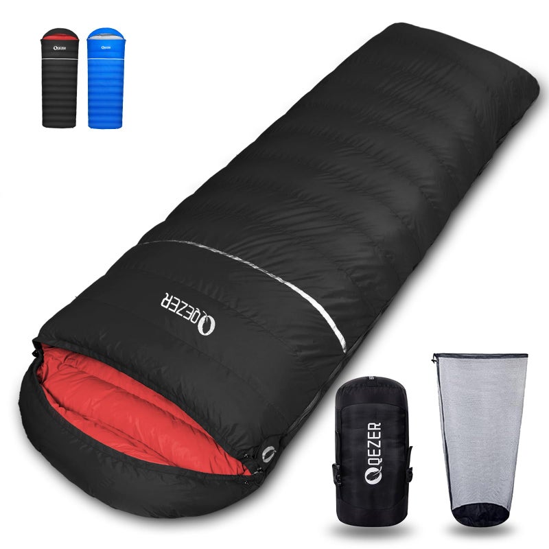 QEZER Down Sleeping Bag for Adults 600 Fill Power Down Sleeping Bag Cold Weather Ultralight Sleeping Bag with Compression Sack for Backpacking, Camping, Hiking (500g Down Filling-Black-Right Zip) - Image 1