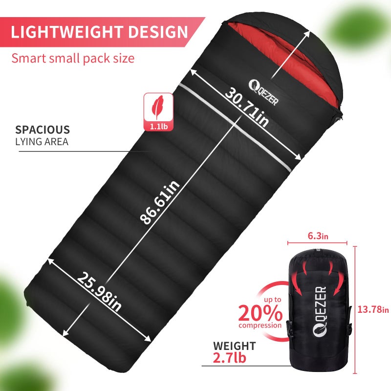 QEZER Down Sleeping Bag for Adults 600 Fill Power Down Sleeping Bag Cold Weather Ultralight Sleeping Bag with Compression Sack for Backpacking, Camping, Hiking (500g Down Filling-Black-Right Zip) - Image 2