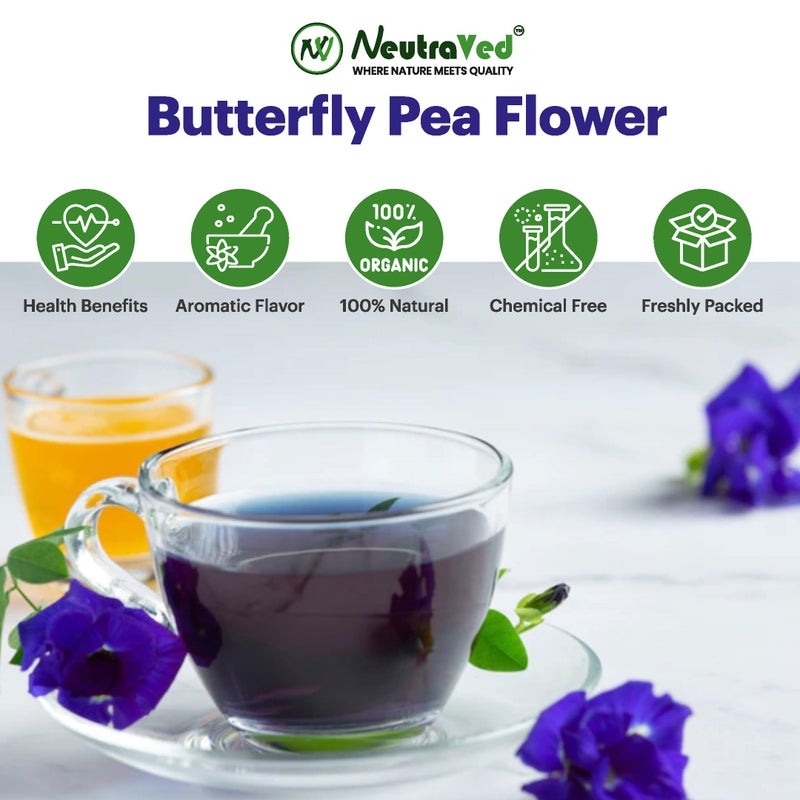 NeutraVed - Blue Butterfly Pea Flower 100g | Caffeine Free Herbal Tea | Blue Flowers Tea for Belly Fat | Zipper Standup Pouch - 100gm - Image 4
