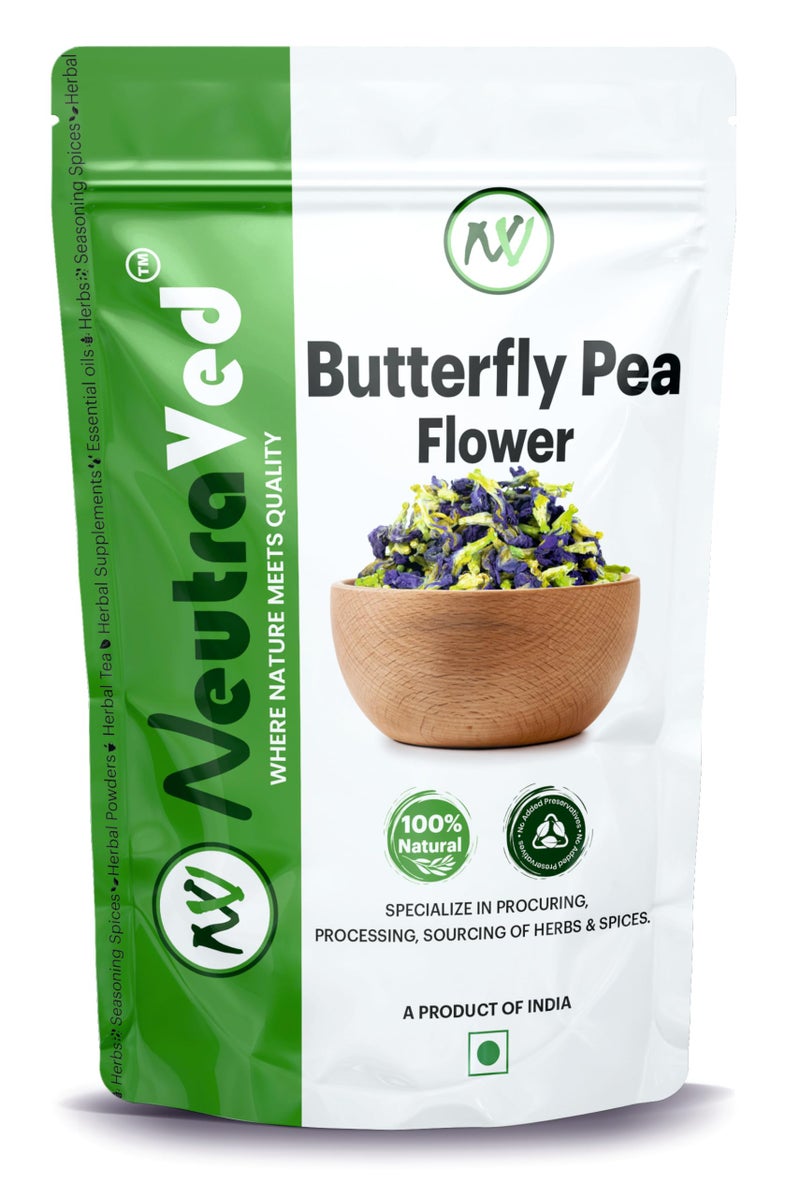 NeutraVed - Blue Butterfly Pea Flower 100g | Caffeine Free Herbal Tea | Blue Flowers Tea for Belly Fat | Zipper Standup Pouch - 100gm - Image 1