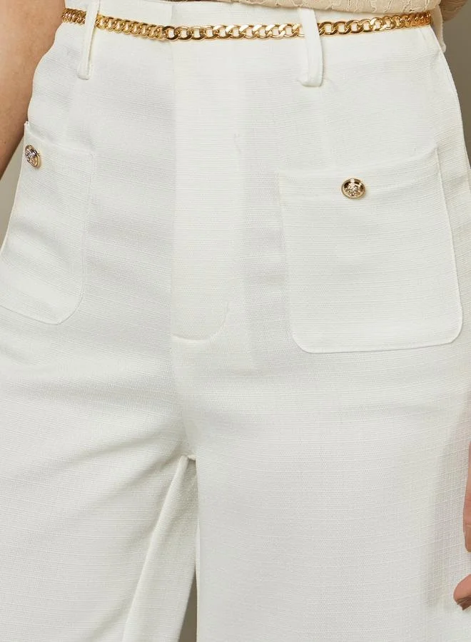 Styli Mid Rise Wide Leg Pants with Chain Belt Detail