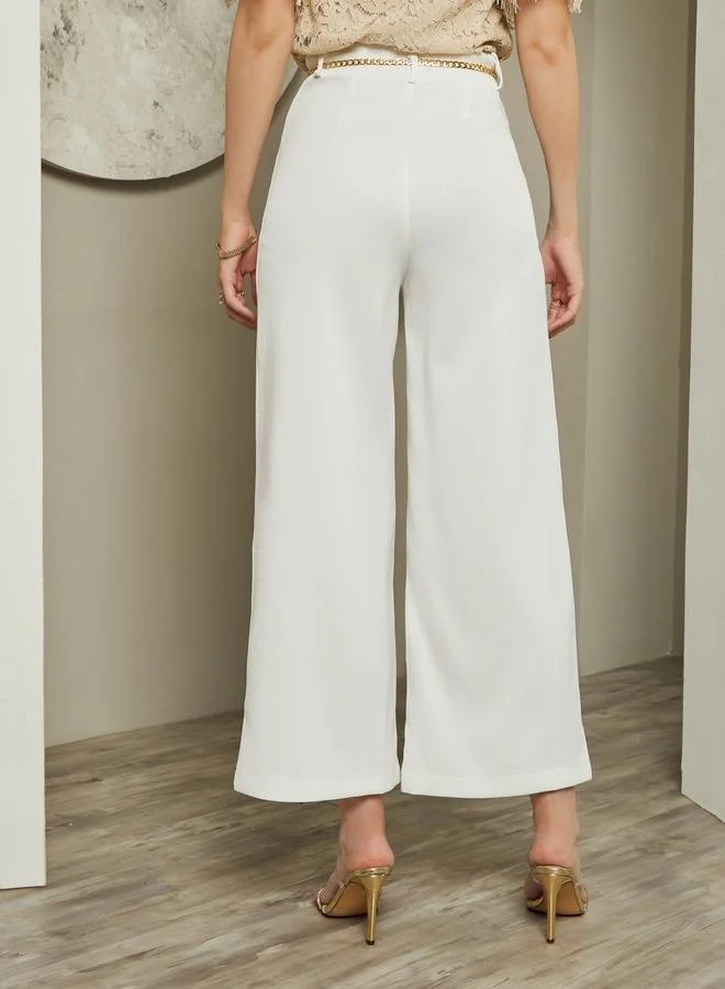 Styli Mid Rise Wide Leg Pants with Chain Belt Detail
