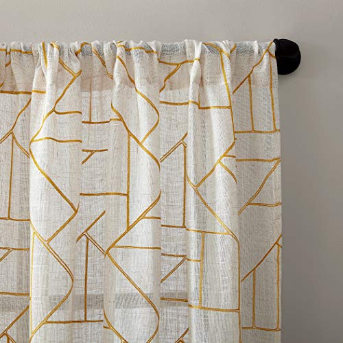 Archaeo Fragmented Geometric Embroidery Mid-Century Modern Natural Linen Blend Curtain, 50" x 95", Gold/Linen - Image 2