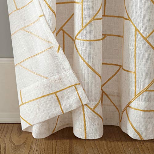 Archaeo Fragmented Geometric Embroidery Mid-Century Modern Natural Linen Blend Curtain, 50" x 95", Gold/Linen - Image 4