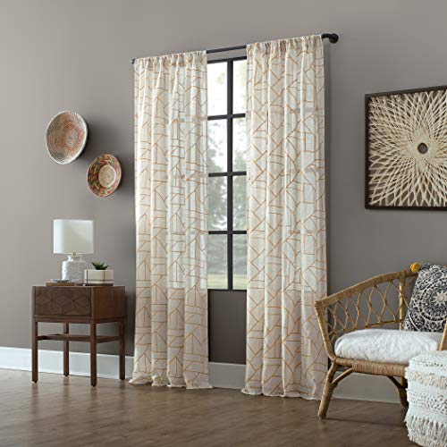 Archaeo Fragmented Geometric Embroidery Mid-Century Modern Natural Linen Blend Curtain, 50" x 95", Gold/Linen - Image 5