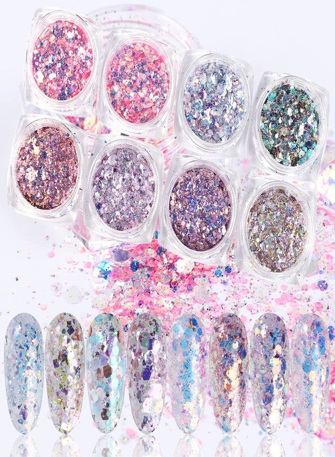 Vezocim Iridescent Glitter Nail Art Sequins, 8 Colors Sparkly Nail Flakes Decoration, Holographic Mixed Size 3D Resin Acrylic Supplies for Women Girls Manicure Charms Nails, DIY Shiny Fingernail Accessories - Image 1