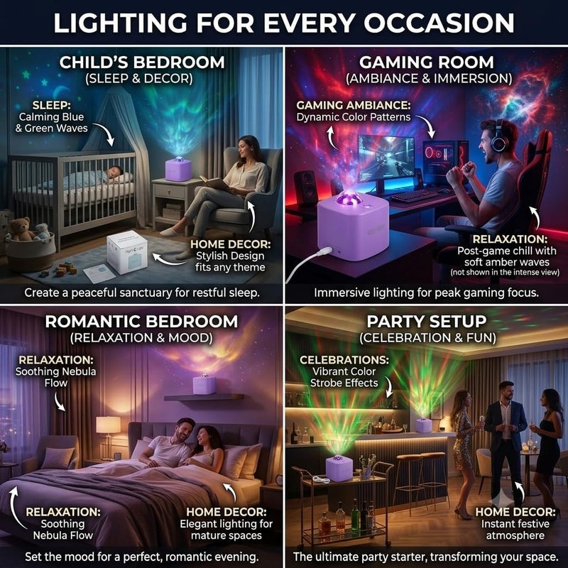 SnuzzleMart LED Starry Sky and Ocean Wave Night Light Projector - Colorful 360° Rotating Nebula Galaxy Lamp with USB Cable - Remote Controlled Mood Lighting for Kids' Bedroom, Parties, and Home Decor - Image 3