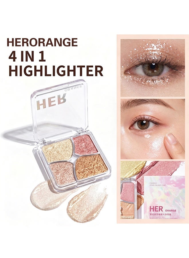 HERORANGE Fanhua Four Palace Grid, 4-color Metallic Shimmer Shadow Powder, Illuminator Makeup Set for Shading, Highlighting & Defining the Face #02 Juice Peach - Image 3