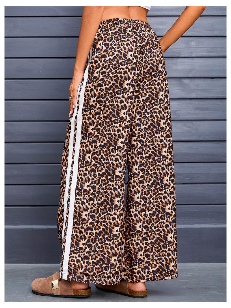 MakeMeChic Women's Leopard Wide Leg Sweatpants Cheetah Y2K Elastic Waist Pants Multicolor Brown Large - Image 2