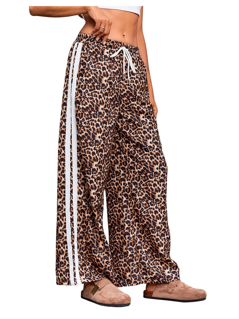 MakeMeChic Women's Leopard Wide Leg Sweatpants Cheetah Y2K Elastic Waist Pants Multicolor Brown Large - Image 1