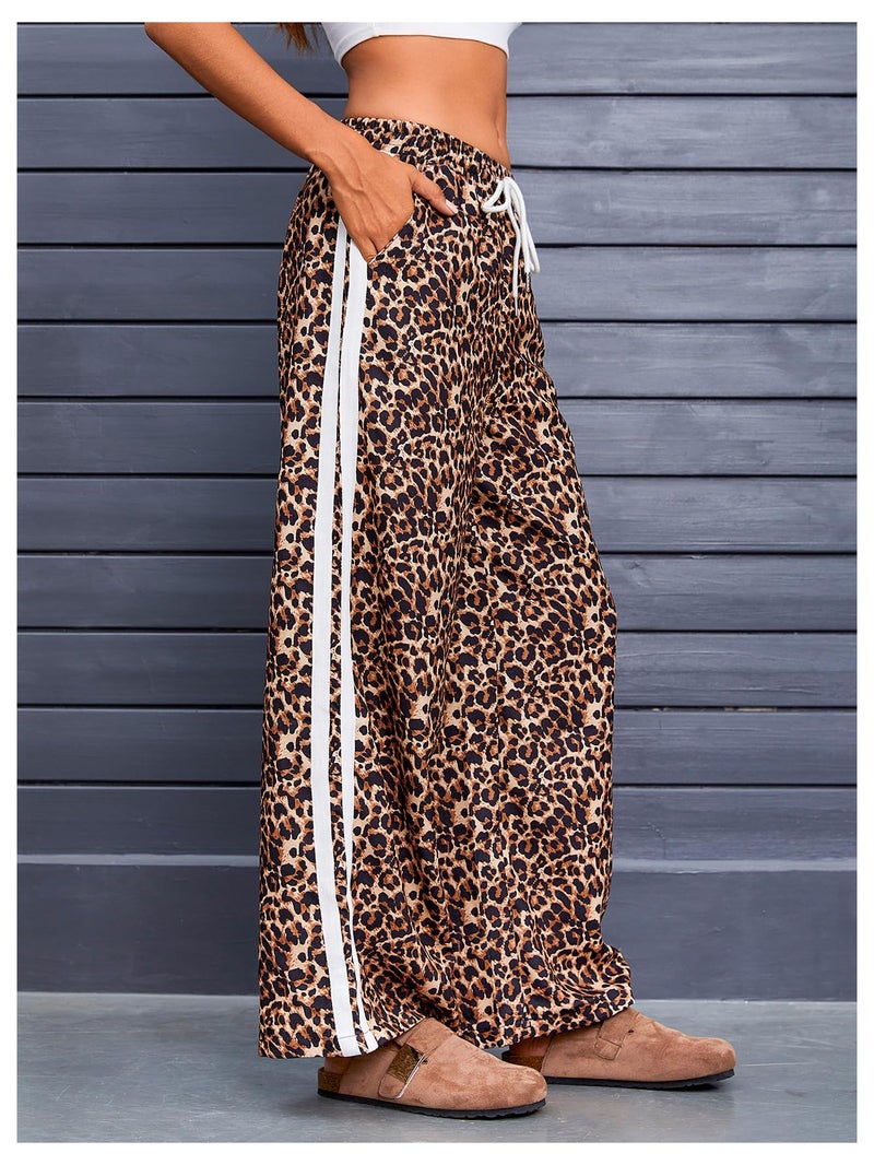MakeMeChic Women's Leopard Wide Leg Sweatpants Cheetah Y2K Elastic Waist Pants Multicolor Brown Large - Image 3
