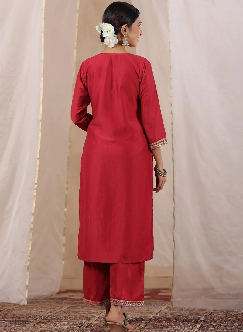 Ishin  Regular Fit Three-Quarter Sleeve Printed Fuchsia Silk Woven Kurta Set For Women Flat Collar Perfect For Wedding And Engagement Pull On Closure for Women | Best Price UAE