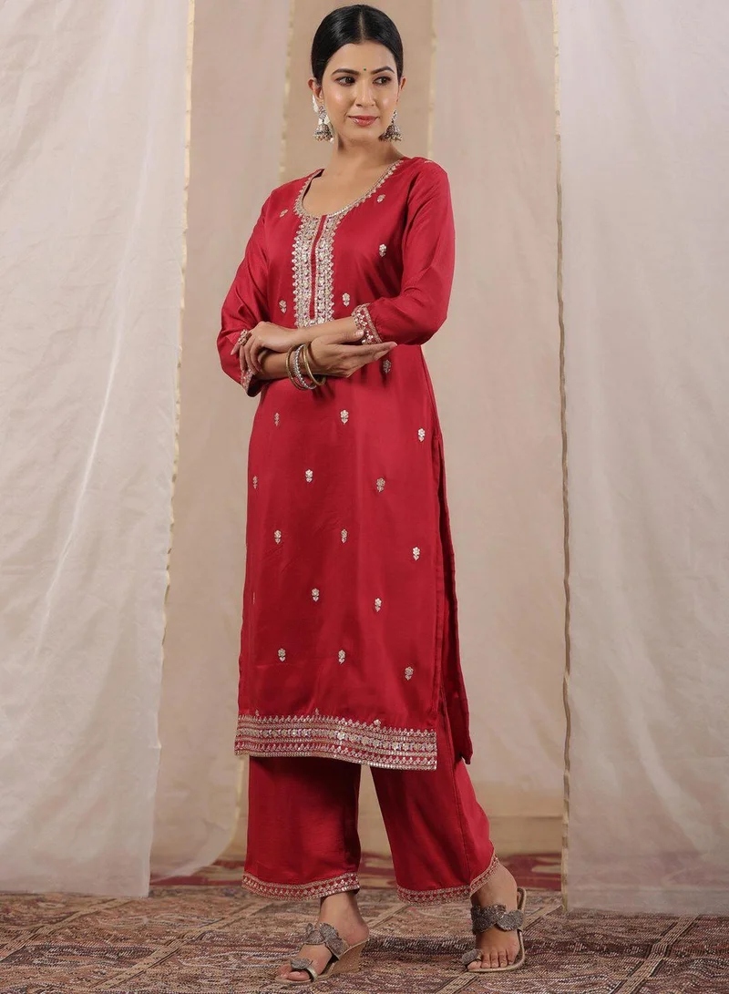 Ishin  Regular Fit Three-Quarter Sleeve Printed Fuchsia Silk Woven Kurta Set For Women Flat Collar Perfect For Wedding And Engagement Pull On Closure for Women | Best Price UAE