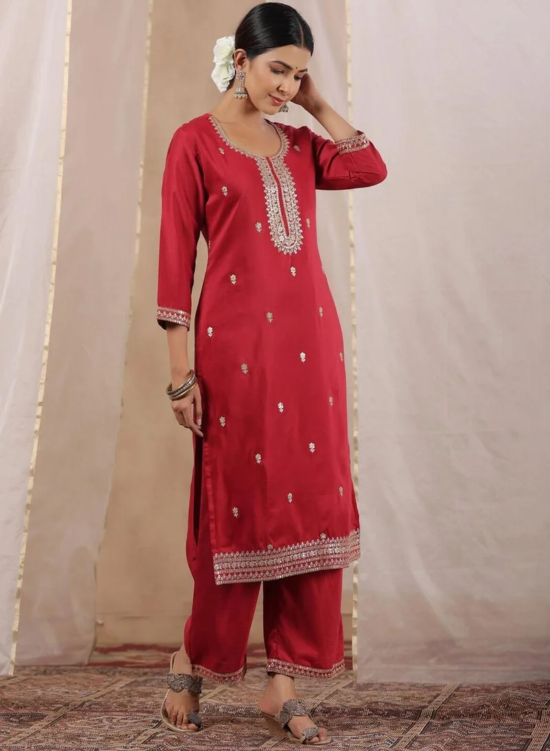 Ishin  Regular Fit Three-Quarter Sleeve Printed Fuchsia Silk Woven Kurta Set For Women Flat Collar Perfect For Wedding And Engagement Pull On Closure for Women | Best Price UAE