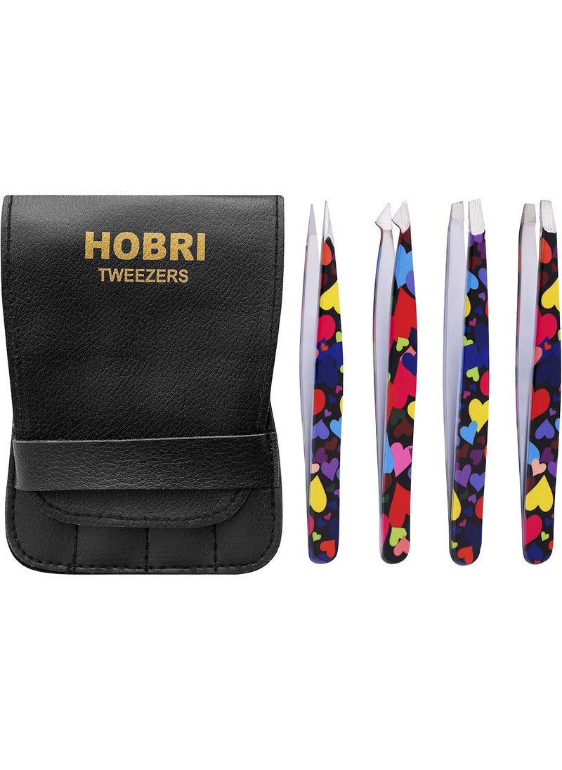 Generic Tweezers Set Eyebrows Tweezers Set Professional Stainless Steel Tweezers Set  4 Pieces with Leatherette Travel Case Perfect for Facial Hair Beauty and Personal Care Tool Heart Style 