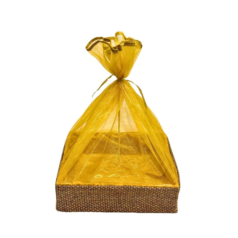 SANWALSA (Small, 8x8x2 inch,Square, Brown-Jute) MDF Base Designer Gift Hamper Packaging Baskets with Net Cover, Gift Hamper Organiser perfect for any occasion