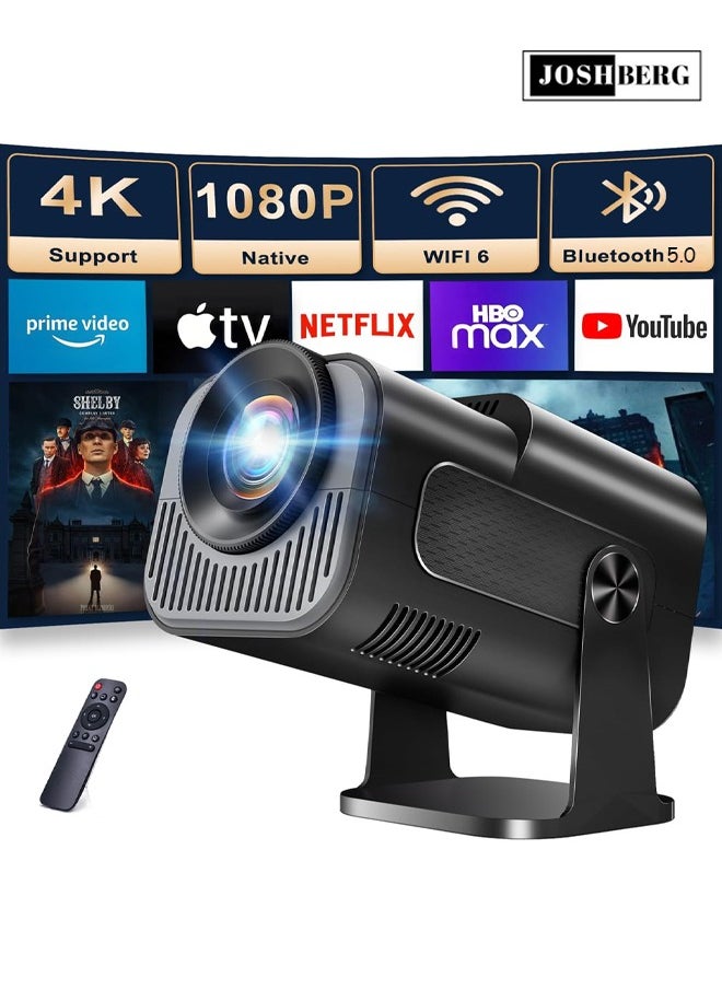 Joshberg 4K Full HD Projector,1080P Smart Projector with 180° Rotation, Portable Projector WiFi 6 & Bluetooth 5.0 Support,Featuring Auto Keystone Correction,HDMI/USB Connectivity Projector,HY320 Mini,Black  - Image 1