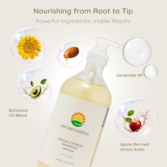 Nature's Dazzle Hinoki Cypress Shampoo (White Musk Scent) 33.8 oz & Citrus Brew Treatment (Grapefruit Scent) 7.4 oz – Scalp Soothing & Deep Nourishing Hair Care Duo 2 Piece Set - Image 3