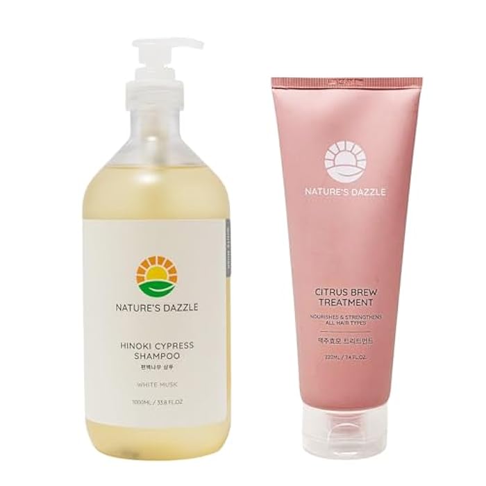 Nature's Dazzle Hinoki Cypress Shampoo (White Musk Scent) 33.8 oz & Citrus Brew Treatment (Grapefruit Scent) 7.4 oz – Scalp Soothing & Deep Nourishing Hair Care Duo 2 Piece Set - Image 1