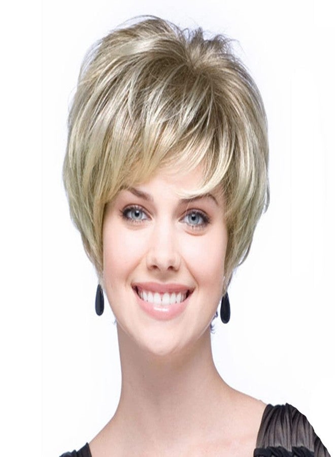 GNIMEGIL Short Blonde Pixie Cut Wigs for White Women with Bangs Dark Roots Old Lady Wig Natural Synthetic Ombre Layered Hairstyles Cosplay Costume Party Halloween Daily Use - Image 1