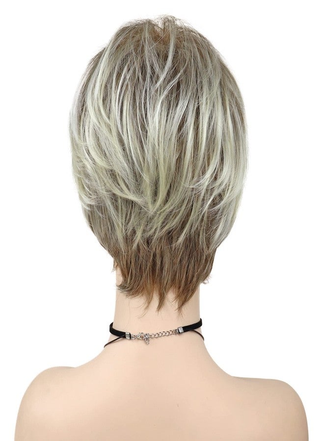 GNIMEGIL Short Blonde Pixie Cut Wigs for White Women with Bangs Dark Roots Old Lady Wig Natural Synthetic Ombre Layered Hairstyles Cosplay Costume Party Halloween Daily Use - Image 5