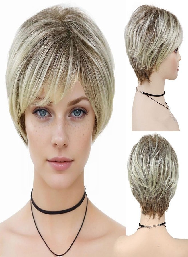 GNIMEGIL Short Blonde Pixie Cut Wigs for White Women with Bangs Dark Roots Old Lady Wig Natural Synthetic Ombre Layered Hairstyles Cosplay Costume Party Halloween Daily Use - Image 3