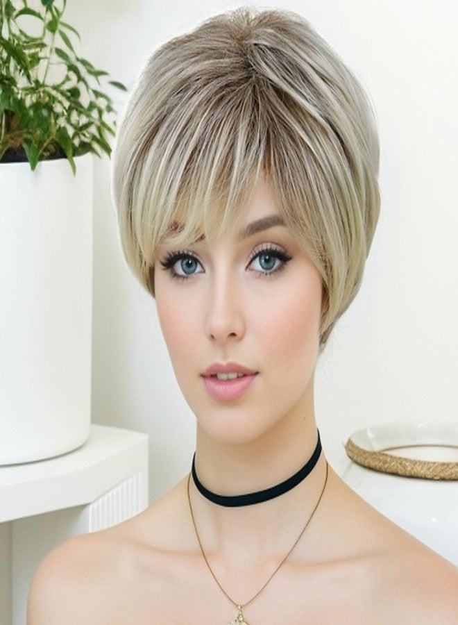GNIMEGIL Short Blonde Pixie Cut Wigs for White Women with Bangs Dark Roots Old Lady Wig Natural Synthetic Ombre Layered Hairstyles Cosplay Costume Party Halloween Daily Use - Image 2