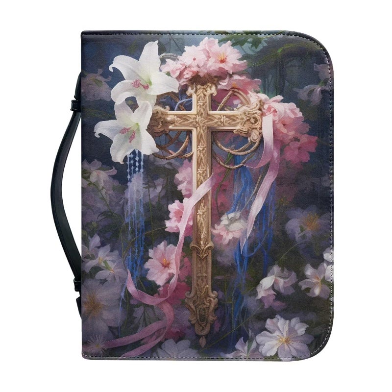 Psesaysky Cross Flower Bible Covers for Women Large Size PU Leather Bible Carrying Case MultiPurpose Bible Tote Bag with Handle Easy to Store - Image 2