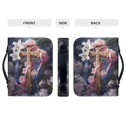 Psesaysky Cross Flower Bible Covers for Women Large Size PU Leather Bible Carrying Case MultiPurpose Bible Tote Bag with Handle Easy to Store - Image 3