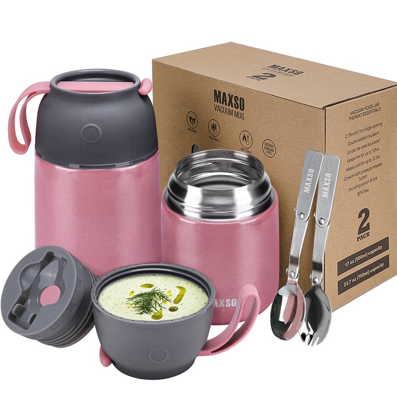 MAXSO MAXSO 2 Pack Soup Thermo for Hot & Cold Food for Kids Adults  Vacuum Insulated Food Jar Thermal Lunch Containers  Travel Food Flask with Spoon (24 oz 17 oz) (Pink)  - Image 1