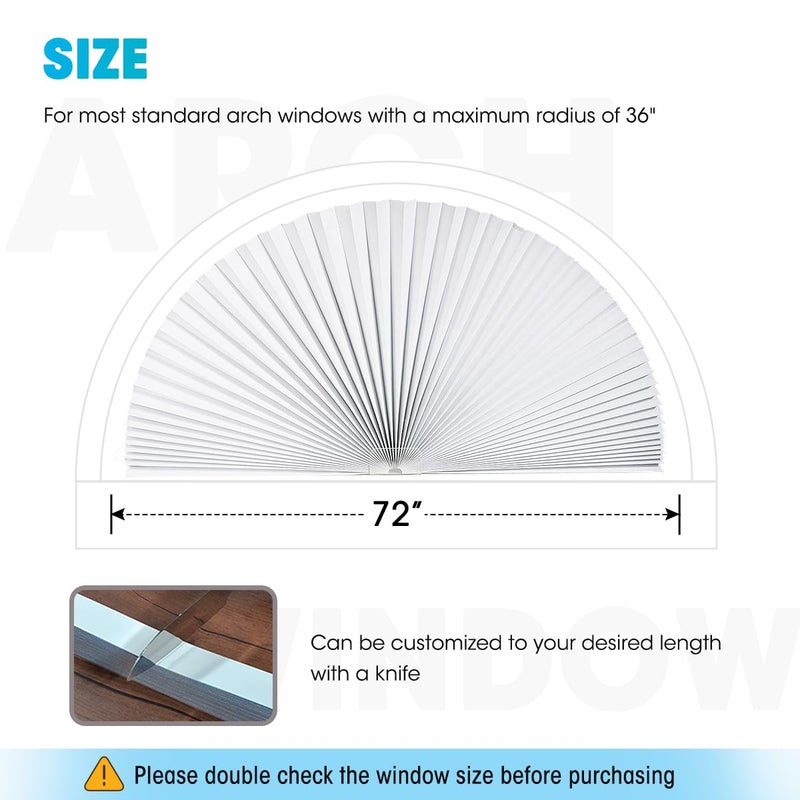 Touri 2 PCS Arch Window Light Filtering Pleated Shade Blinds for semi-Circle Arch Window, 60%-70% Shade, Easy to Cut and Install, 72" x 36", White - Image 4