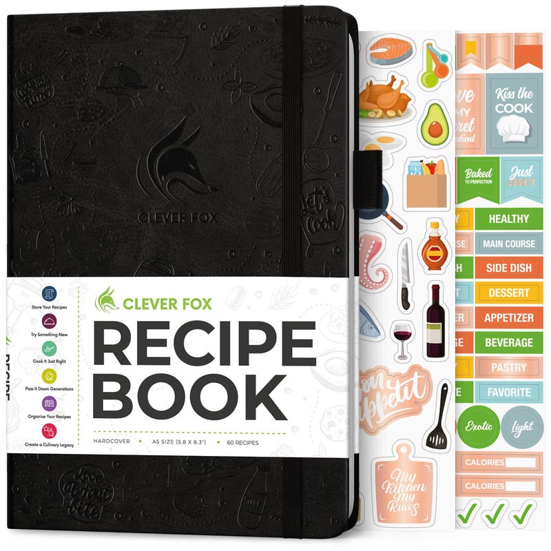 Clever Fox Recipe Book - Make Your Own Family Cookbook & Blank Recipe Notebook Organizer  Empty Cooking Journal To Write In Recipes  A5 Hardcover  Stores 60 Recipes - Black