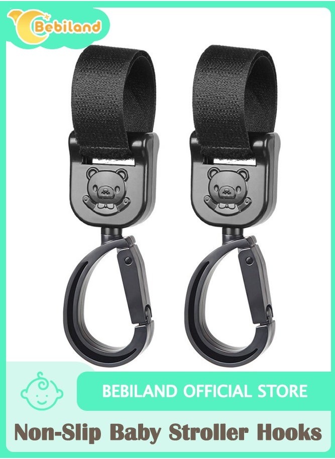 Bebiland Non-Slip Baby Stroller Hooks with Lovely Bear Pattern, 360-Degree Rotating Stroller Bag Clips for Hanging Diaper Bags, Black  - Image 1