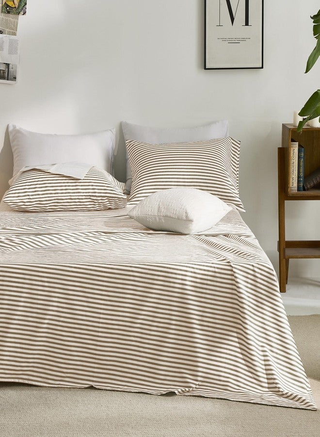 JELLYMONI 100% Cotton Bed Sheets Set - Khaki and White Stripes, Queen Size, Soft Bedding with Deep Pocket Fitted Sheet, Flat Sheet & Pillowcases - Image 3