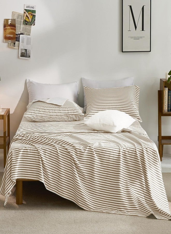 JELLYMONI 100% Cotton Bed Sheets Set - Khaki and White Stripes, Queen Size, Soft Bedding with Deep Pocket Fitted Sheet, Flat Sheet & Pillowcases - Image 1