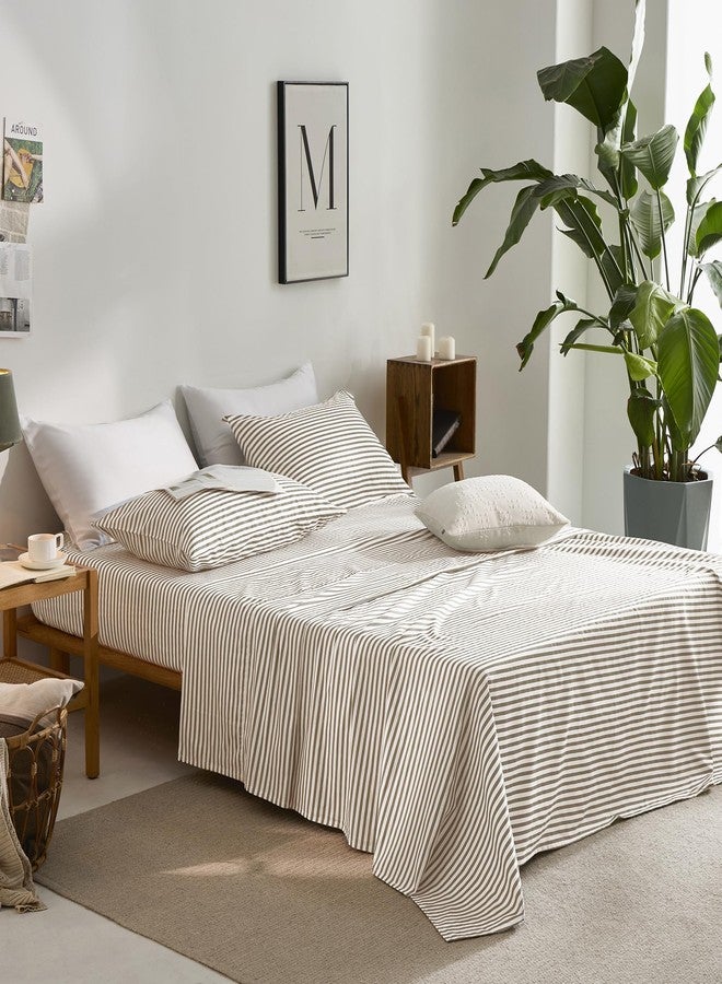 JELLYMONI 100% Cotton Bed Sheets Set - Khaki and White Stripes, Queen Size, Soft Bedding with Deep Pocket Fitted Sheet, Flat Sheet & Pillowcases - Image 2
