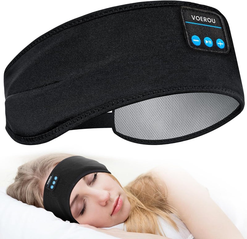 Voerou Adjustable Bluetooth Headband Headphones, Ultra-Long Play Time Sleep Headphones with Built-in HD Hi-Fi Speakers, Perfect for Sleep, Workout, Travel, Insomnia - Black - Image 1