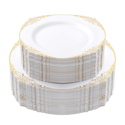 Bestluck 100 PCS White and Gold Plastic Plates for 50 Guests Gold Disposable Plates Include 50 PCS Dinner Plates 50 PCS Dessert Plates for Party Wedding and Graduation