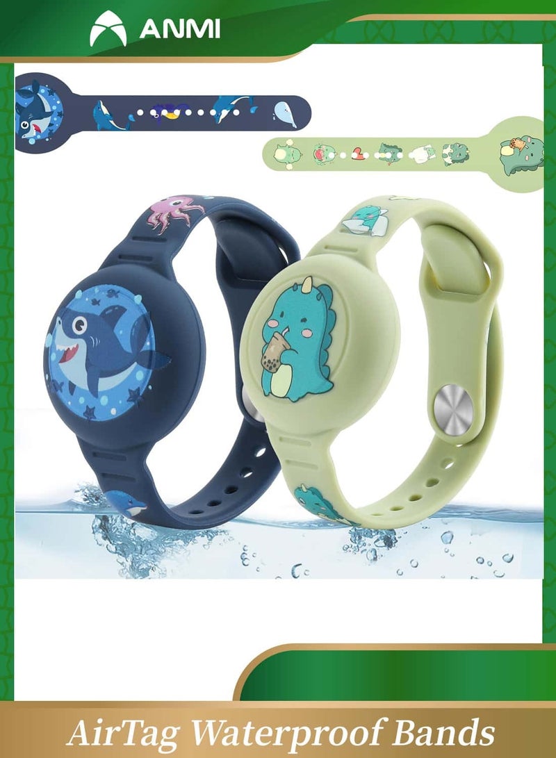 Anmi 2 Pack AirTag Waterproof Bands, Compatible with Apple AirTag Cartoon Pattern, GPS Protective Cover, Green Dinosaur/Blue Shark - Image 1