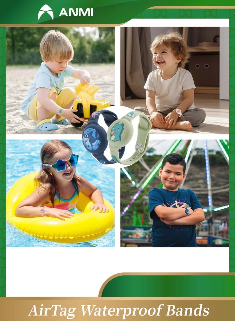 Anmi 2 Pack AirTag Waterproof Bands, Compatible with Apple AirTag Cartoon Pattern, GPS Protective Cover, Green Dinosaur/Blue Shark - Image 3