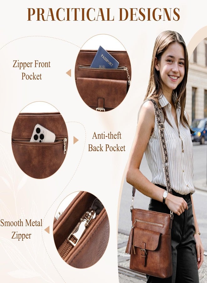 Kasqo Crossbody Bag for Women,Soft Vegan Leather Cross Body Purse Medium Shoulder Bag Handbags with Guitar Strap Tassel Brown - Image 5