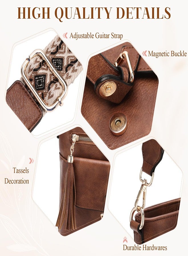 Kasqo Crossbody Bag for Women,Soft Vegan Leather Cross Body Purse Medium Shoulder Bag Handbags with Guitar Strap Tassel Brown - Image 3