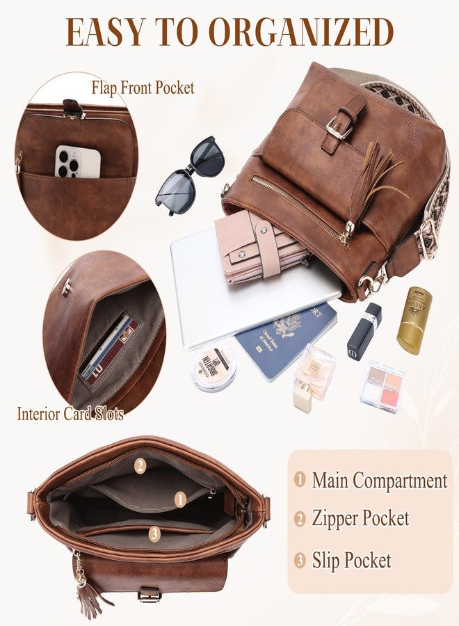 Kasqo Crossbody Bag for Women,Soft Vegan Leather Cross Body Purse Medium Shoulder Bag Handbags with Guitar Strap Tassel Brown - Image 4