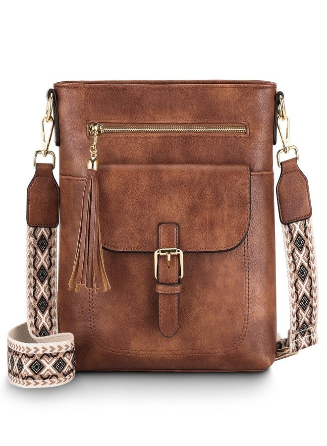 Kasqo Crossbody Bag for Women,Soft Vegan Leather Cross Body Purse Medium Shoulder Bag Handbags with Guitar Strap Tassel Brown - Image 1