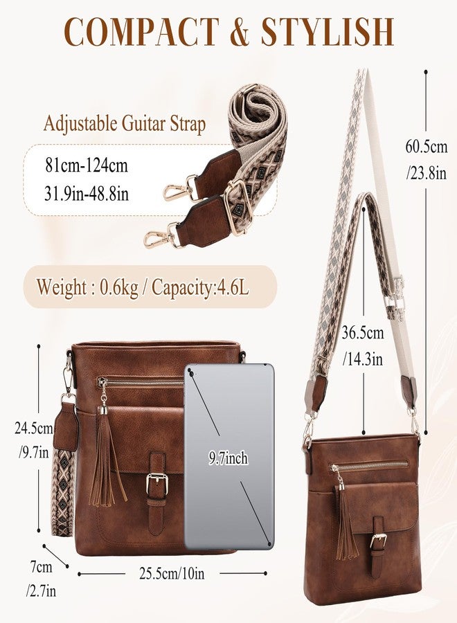 Kasqo Crossbody Bag for Women,Soft Vegan Leather Cross Body Purse Medium Shoulder Bag Handbags with Guitar Strap Tassel Brown - Image 2