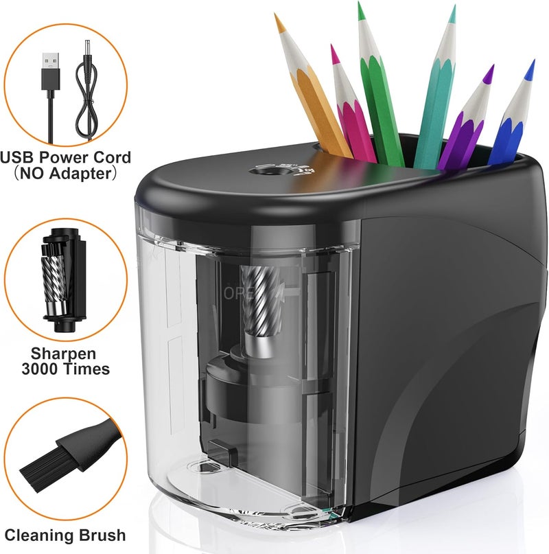 RIYO RIYO Electric Pencil Sharpener Heavy-Duty Helical Blade Sharpener USB/Battery Operated for No.2/ (6-8mm) Pencils with Auto Stop & Cleaning Brush in School/Classroom/Office (Black no Adapter) - Image 2