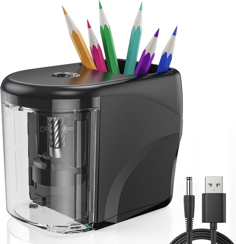 RIYO RIYO Electric Pencil Sharpener Heavy-Duty Helical Blade Sharpener USB/Battery Operated for No.2/ (6-8mm) Pencils with Auto Stop & Cleaning Brush in School/Classroom/Office (Black no Adapter) - Image 1