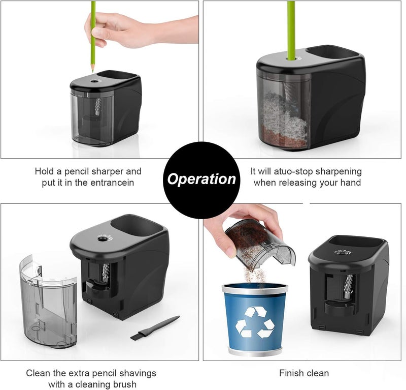 RIYO RIYO Electric Pencil Sharpener Heavy-Duty Helical Blade Sharpener USB/Battery Operated for No.2/ (6-8mm) Pencils with Auto Stop & Cleaning Brush in School/Classroom/Office (Black no Adapter) - Image 3